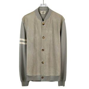 Hermès Mens Suede & Knit Varsity Bomber Jacket Gray Beige Size L Made In Italy